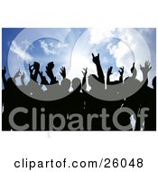 Clipart Illustration Of Silhouetted People Holding Their Hands In The Air Against A Sunburst In A Blue Sky