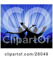 Clipart Illustration Of A Silhouetted Man And Woman Dancing Hip Hop On A Stage With An Excited Audience Over Blue by KJ Pargeter