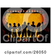 Clipart Illustration Of Silhouetted Men And Women Over An Orange Grunge Background With A Film Strip by KJ Pargeter