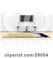 Poster, Art Print Of Wall Mounted Plasma Tv Over A Glass Table In A Living Room With A Rug And Wood Flooring