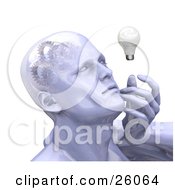 Poster, Art Print Of Shiny Mans Head With Cogs And Gears In His Brain Touching His Face And Looking At A Light Bulb While Thinking