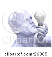 Poster, Art Print Of Shiny Mans Head With Cogs And Gears In His Brain Holding A Lightbulb