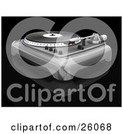Clipart Illustration Of A Retro Silver Turntable With The Spinner Needle And Knobs On A Black Reflective Surface