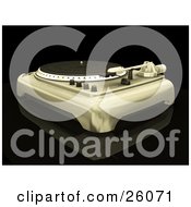 Clipart Illustration Of A Retro Record Player Turntable Playing A Song With Golden Toning On A Reflective Black Background