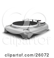 Clipart Illustration Of A Vintage Silver Record Player With The Spinning Table Needle And Knobs Over White by KJ Pargeter