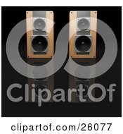 Poster, Art Print Of Pair Of Wooden Radio Speakers Side By Side Facing Front On A Reflective Black Surface