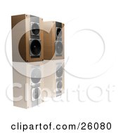 Poster, Art Print Of Pair Of Wood Speakers Side By Side Facing Right On A Reflective White Surface