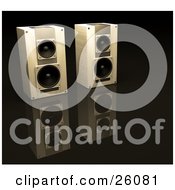 Poster, Art Print Of Two Stero System Speakers Side By Side On A Reflective Black Surface Facing Slightly Right