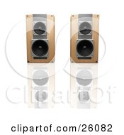 Poster, Art Print Of Pair Of Wooden Radio Speakers Side By Side Facing Front On A Reflective White Surface
