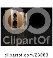 Poster, Art Print Of Pair Of Wood Speakers Side By Side Facing Right On A Reflective Black Surface