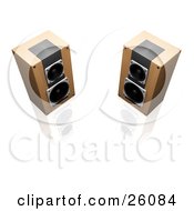Poster, Art Print Of Two Wood Radio Speakers Facing Slightly Towards Each Other On A Reflective White Surface