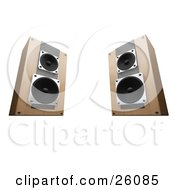 Poster, Art Print Of Wooden Stereo System Speakers Facing Slightly Inwards Towards Each Other On A White Background