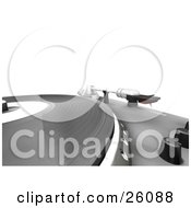 Poster, Art Print Of Closeup Of The Spinning Table Of A Record Player With Black Nobs And The Needle Over White