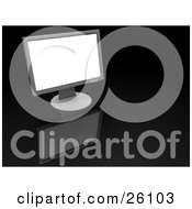 Clipart Illustration Of A Large Black Flat Computer Screen With A White Monitor On A Reflective Black Background