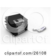 Clipart Illustration Of A Memory Stick Resting By A Stack Of Black Floppy Disc Drives Over White