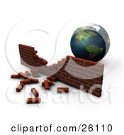 Poster, Art Print Of Planet Earth Behind A Crumbling Brick Wall Symbolizing Pollution