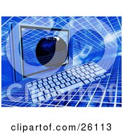 Poster, Art Print Of Flat Computer Screen And Keyboard With A Blue Global Binary Grid Background
