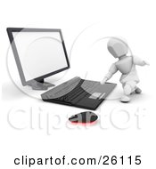 Poster, Art Print Of White Character Kneeling And Typing On A Computer Keyboard