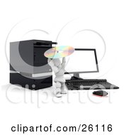 Clipart Illustration Of A White Character Holding A Cd And Trying To Insert It Into A Drive Of A Computer Tower