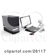 Clipart Illustration Of A White Character Kneeling To Use A Desktop Computer