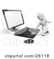 Clipart Illustration Of A White Character Typing On A Black Computer Keyboard