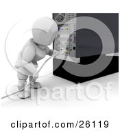 Poster, Art Print Of White Character Plugging In A White Cable To The Back Of A Computer Tower
