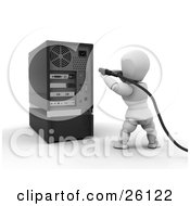 Poster, Art Print Of White Character Plugging The Power Cord Into The Back Of A Desktop Computer Tower