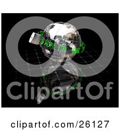 Clipart Illustration Of A Wire Frame Globe Padlocked With Green Internet Chains Over A Reflective Black Surface