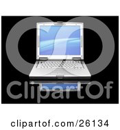 Clipart Illustration Of A Frontal View Of A Silver Laptop Computer With A Blue Wave Screen Saver On A Black Reflective Surface