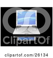 Poster, Art Print Of Frontal View Of A Silver Laptop Computer With A Blue Wave Screen Saver On A Black Reflective Surface