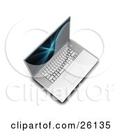 Poster, Art Print Of Aerial View Of A Silver Laptop Computer With A Blue And Black Fractal Screen Saver