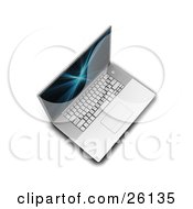 Clipart Illustration Of An Aerial View Of A Silver Laptop Computer With A Blue And Black Fractal Screen Saver