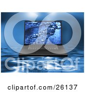 Clipart Illustration Of A Black Laptop Computer With A Water Screen Saver On A Blue Rippled Background