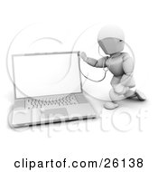 Poster, Art Print Of White Character Holding A Stethoscope To A Laptop Over White