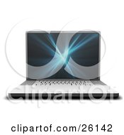 Clipart Illustration Of A Frontal View Of A Silver Laptop Computer With A Blue And Black Fractal Screen Saver