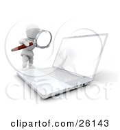 Clipart Illustration Of A White Character Using A Magnifying Glass To Inspect A Laptop Over White