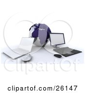 Poster, Art Print Of Laptop And Desktop Computer Up Against A Blue Globe Symbolizing Networking