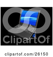 Clipart Illustration Of A Black Notebook Computer With A Blue Wave Screen Saver On A Reflective Surface