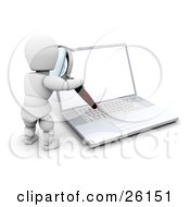Clipart Illustration Of A White Character Inspecting A Laptop Computer With A Magnifying Glass Over White
