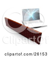 Clipart Illustration Of A Laptop Computer Behind A Strong Brick Wall Symbolizing Security by KJ Pargeter