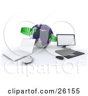 Poster, Art Print Of Laptop And Desktop Computer Up Against A Blue Globe With Green Binary Code Symbolizing Networking