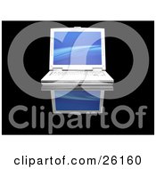 Clipart Illustration Of A Frontal View Of A White Laptop Computer With A Blue Wave Screen Saver On A Black Reflective Surface