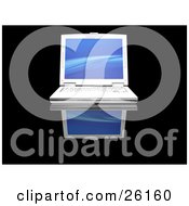 Poster, Art Print Of Frontal View Of A White Laptop Computer With A Blue Wave Screen Saver On A Black Reflective Surface