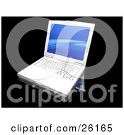 Clipart Illustration Of A White Laptop Computer With A Blue Wave Screen Saver On A Black Reflective Surface