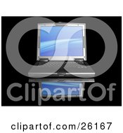 Clipart Illustration Of A Black Laptop Computer With A Blue Wave Screen Saver On A Reflective Surface by KJ Pargeter