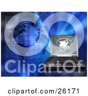 Clipart Illustration Of A Laptop Computer With A Wire Globe On The Screen And A Blue Binary Global Background