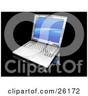 Clipart Illustration Of A Silver Laptop Computer With A Blue Wave Screen Saver On A Black Reflective Surface