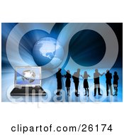 Clipart Illustration Of Silhouetted Business People By A Laptop Computer Over A Blue Globe Background
