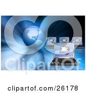 Clipart Illustration Of Four Networking Laptops On A Blue Globe Background