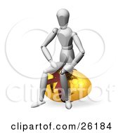 White Figure Character Sitting On Top Of A Golden Easter Egg With An Octagon Pattern And A Red Bow